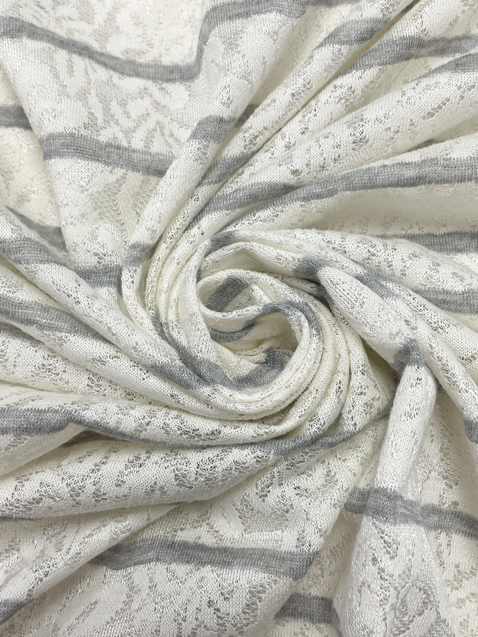 1 YD Poly Blend Floral Knit - Off White with Heather Gray Stripes