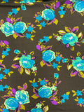 1 3/4 YD Nylon Knit - Turquoise and Green Roses with Purple and Khaki Green Leaves on Dark Brown