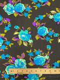 1 3/4 YD Nylon Knit - Turquoise and Green Roses with Purple and Khaki Green Leaves on Dark Brown