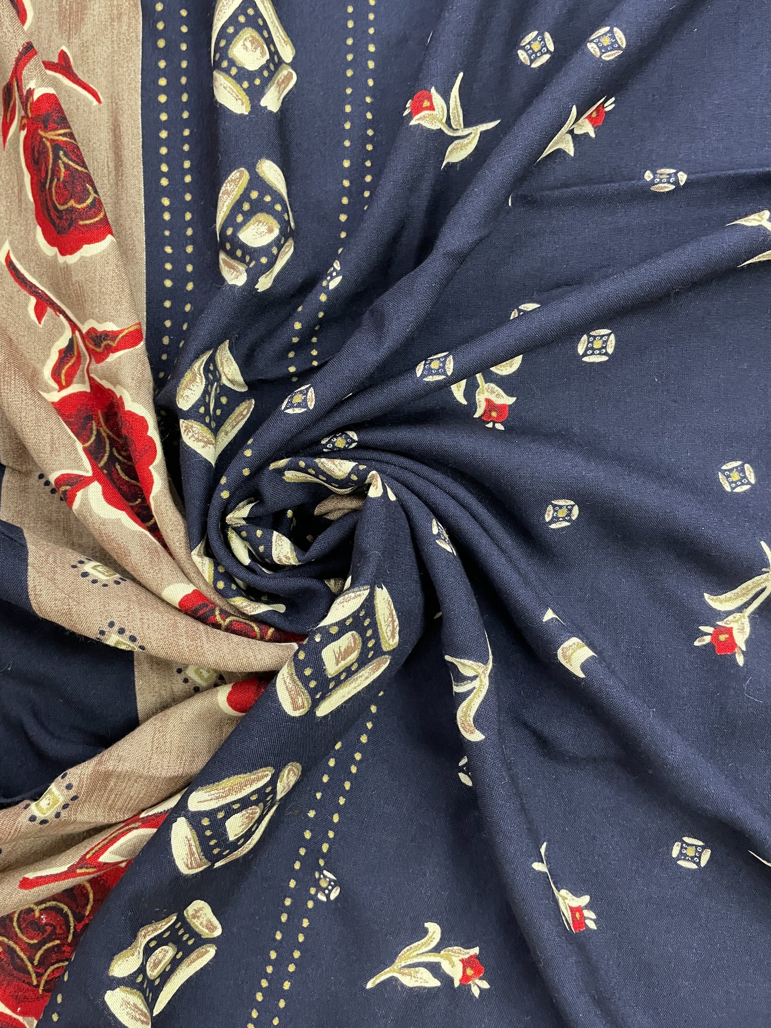 2 1/4 YD Rayon with Border Vintage - Navy Blue with Flowers