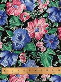 Polyester Vintage - Pink and Blue Flowers with Green Leaves on Black