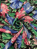 Polyester Vintage - Pink and Blue Flowers with Green Leaves on Black