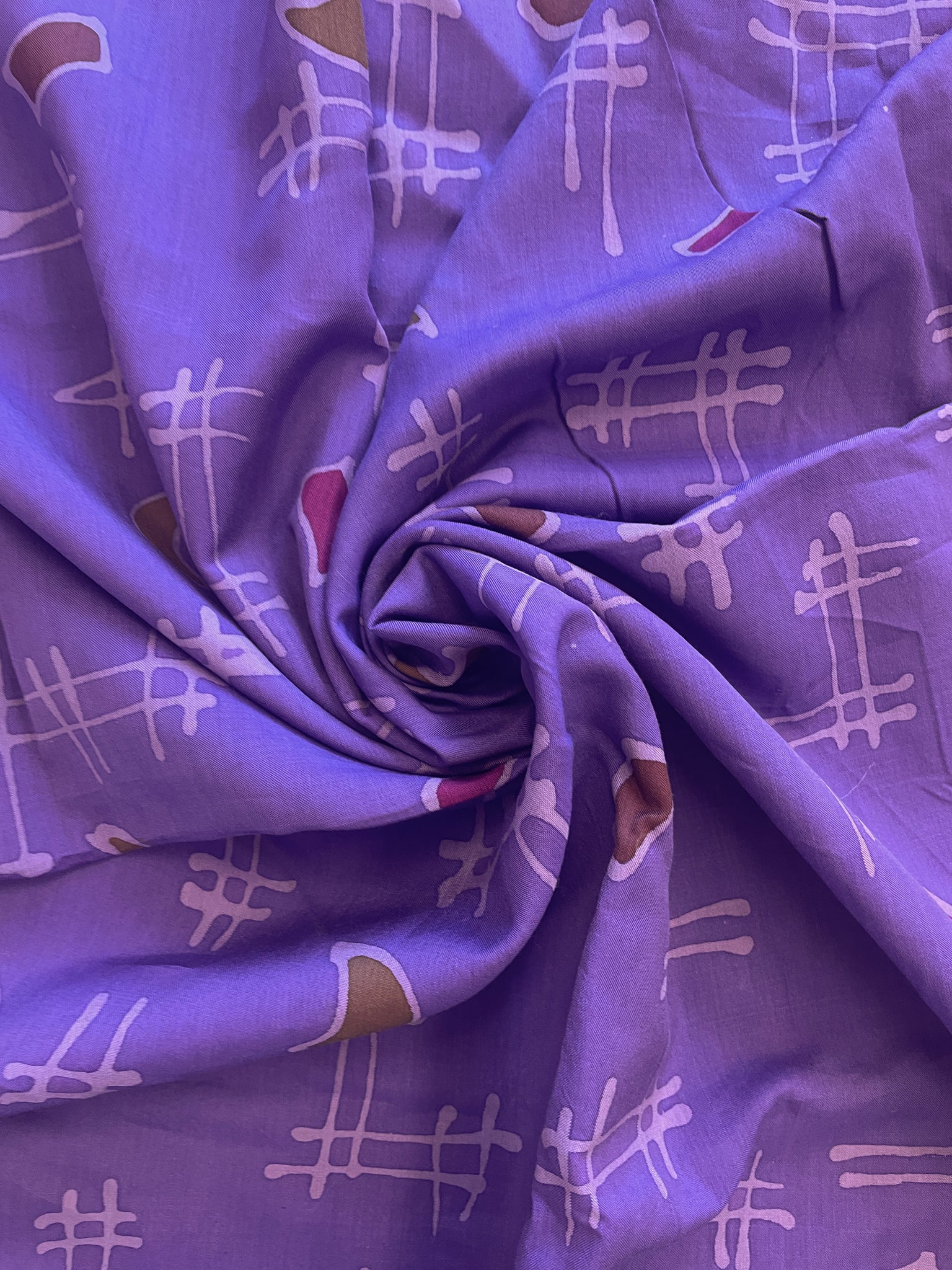 1 7/8 YD Cotton Hand-Dyed Batik - Mottled Purples with Light Purple Designs