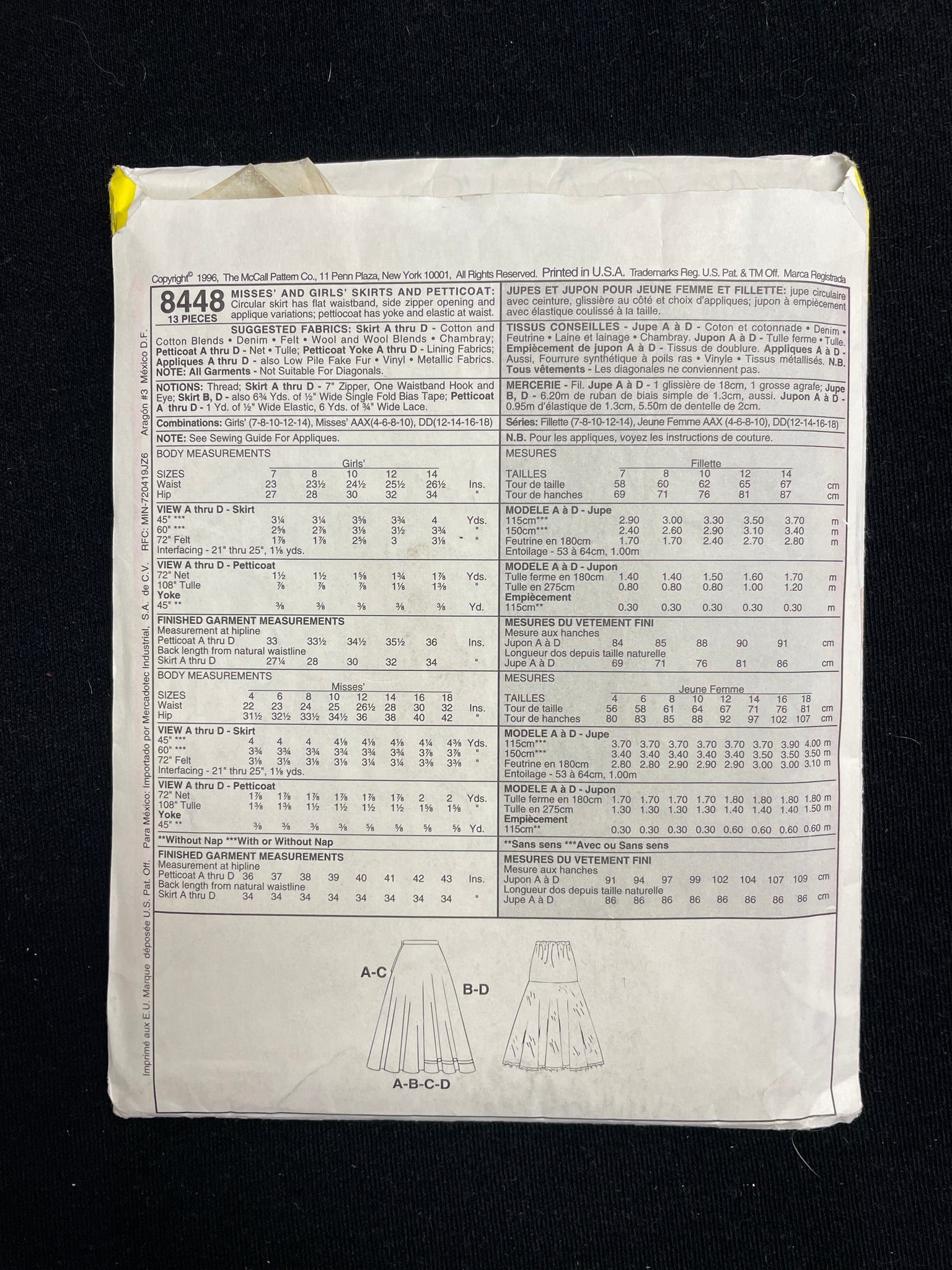 1996 McCall's 8448 Sewing Pattern - Girls' Costume Skirt and Petticoat