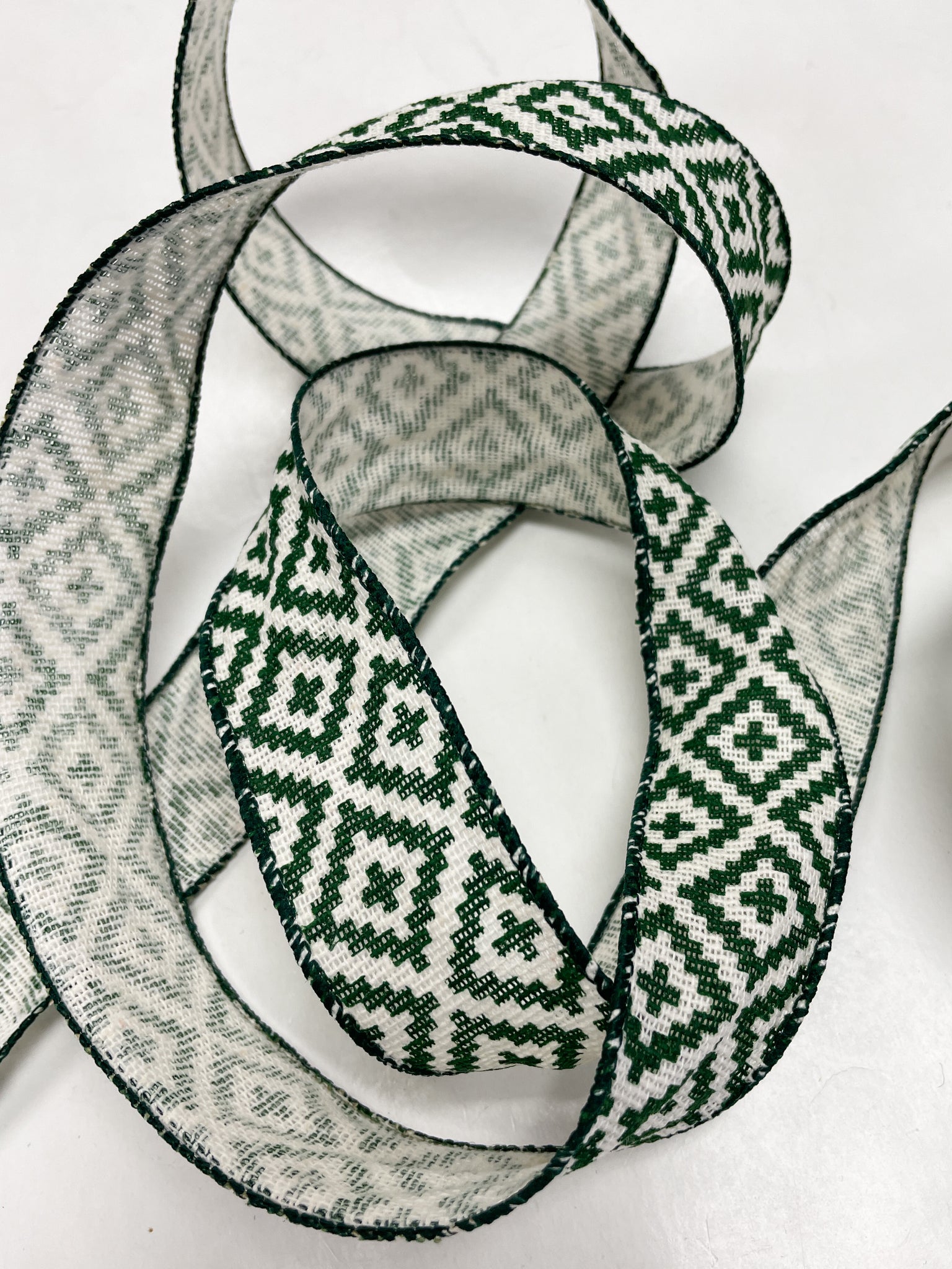 Poly Cotton Printed Wired Edged Ribbon - White With Dark Green