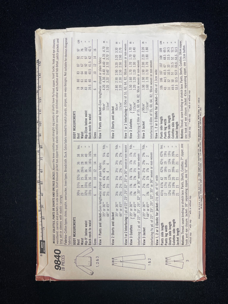 1980 Simplicity 9840 Sewing Pattern - Culottes, Pants, Shorts and Jack ...