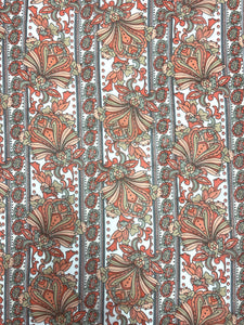 Polyester Chiffon Vintage - Peach and Orange Jacobean Flowers and Paisleys in Stripes on White Background