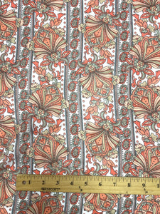 Polyester Chiffon Vintage - Peach and Orange Jacobean Flowers and Paisleys in Stripes on White Background