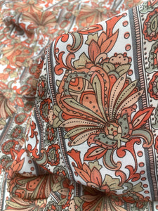 Polyester Chiffon Vintage - Peach and Orange Jacobean Flowers and Paisleys in Stripes on White Background