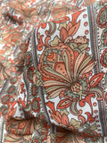 Polyester Chiffon Vintage - Peach and Orange Jacobean Flowers and Paisleys in Stripes on White Background