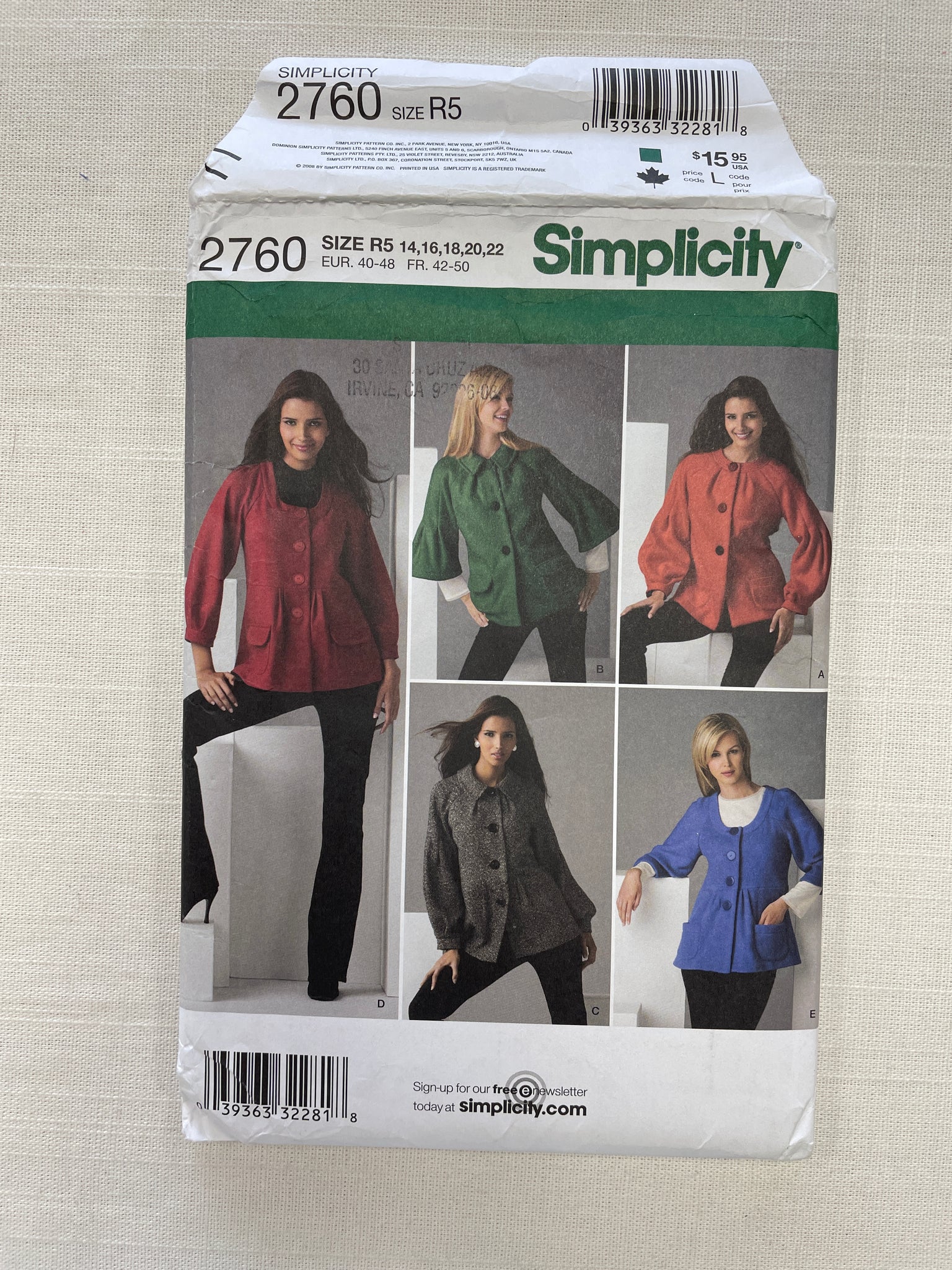 SALE 2008 Simplicity 2760 Sewing Pattern - Jackets FACTORY FOLDED