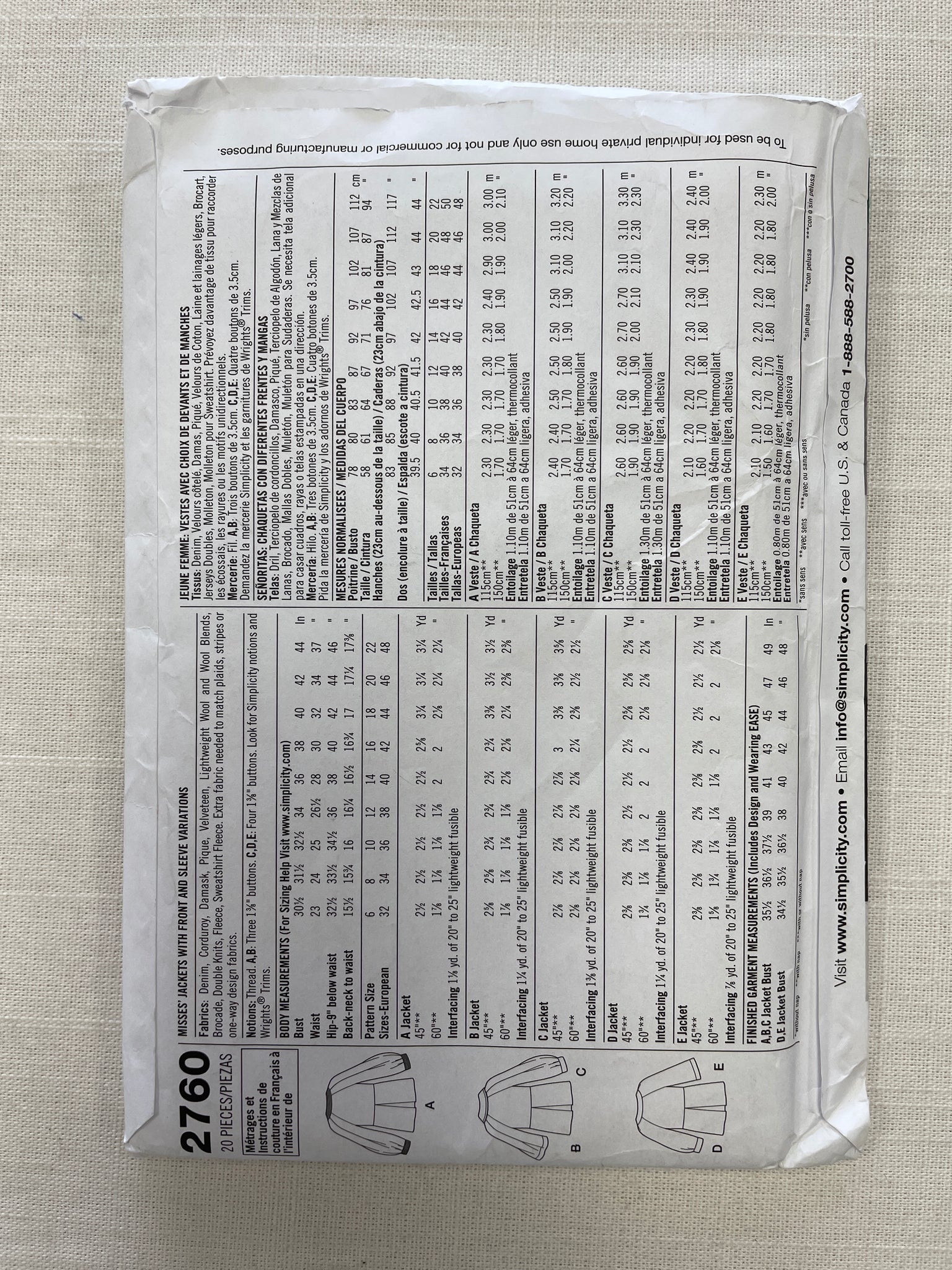 SALE 2008 Simplicity 2760 Sewing Pattern - Jackets FACTORY FOLDED