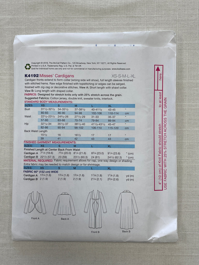 2016 Kwik Sew 4192 Sewing Pattern - Knit Cardigans FACTORY FOLDED