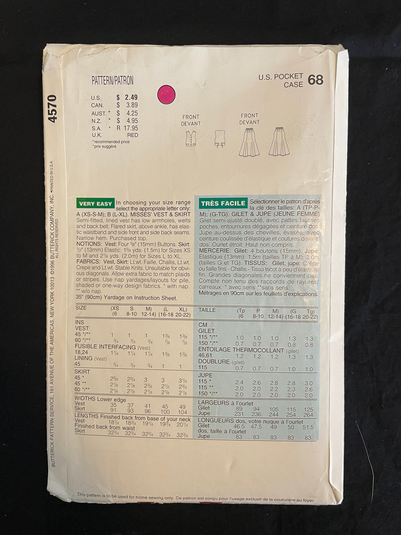 1996 See & Sew 4570 Sewing Pattern - Women's Vest and Skirt FACTORY FOLDED