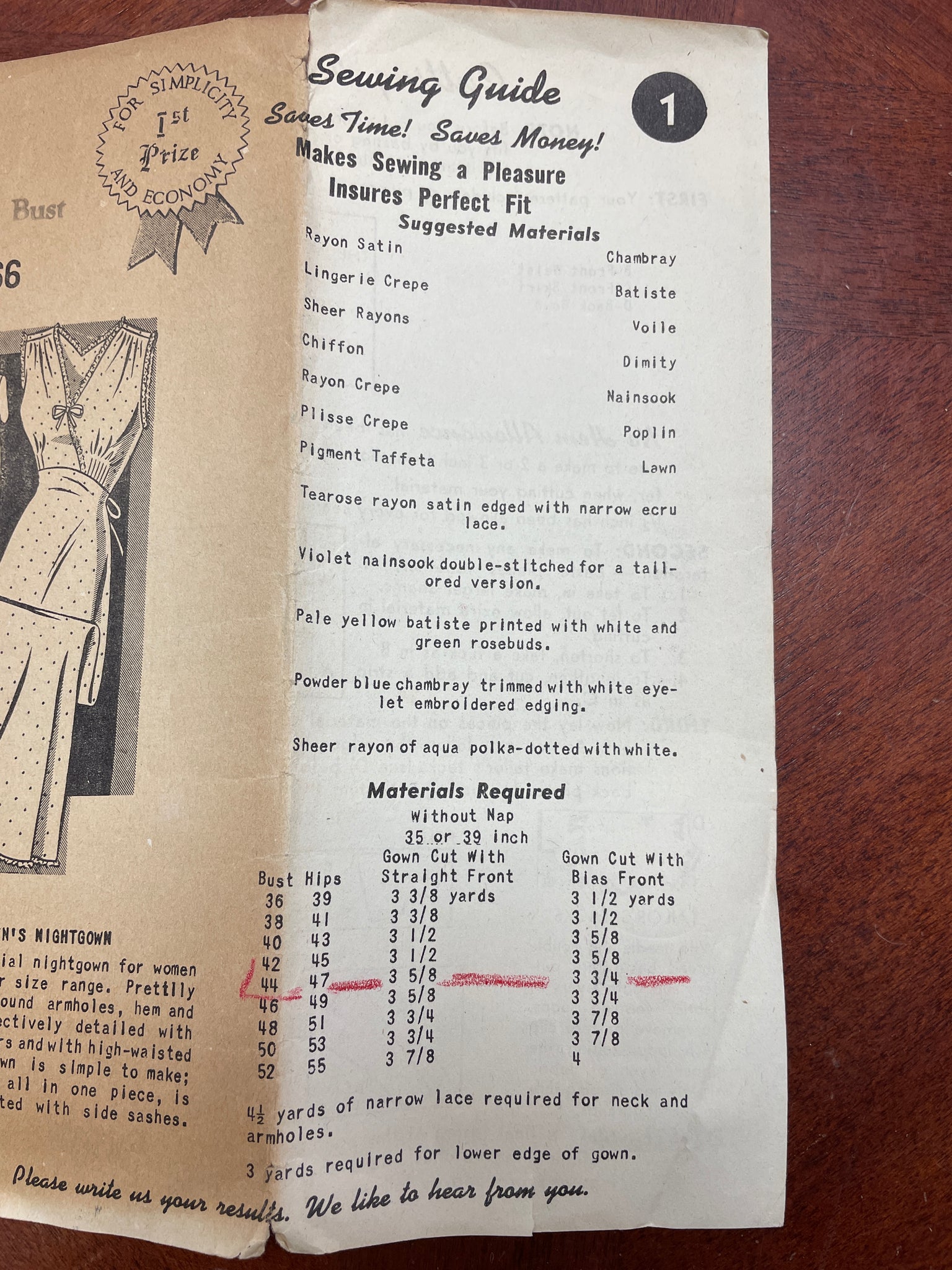 1940's Mail Order 8166 Sewing Pattern - Nightgown FACTORY FOLDED