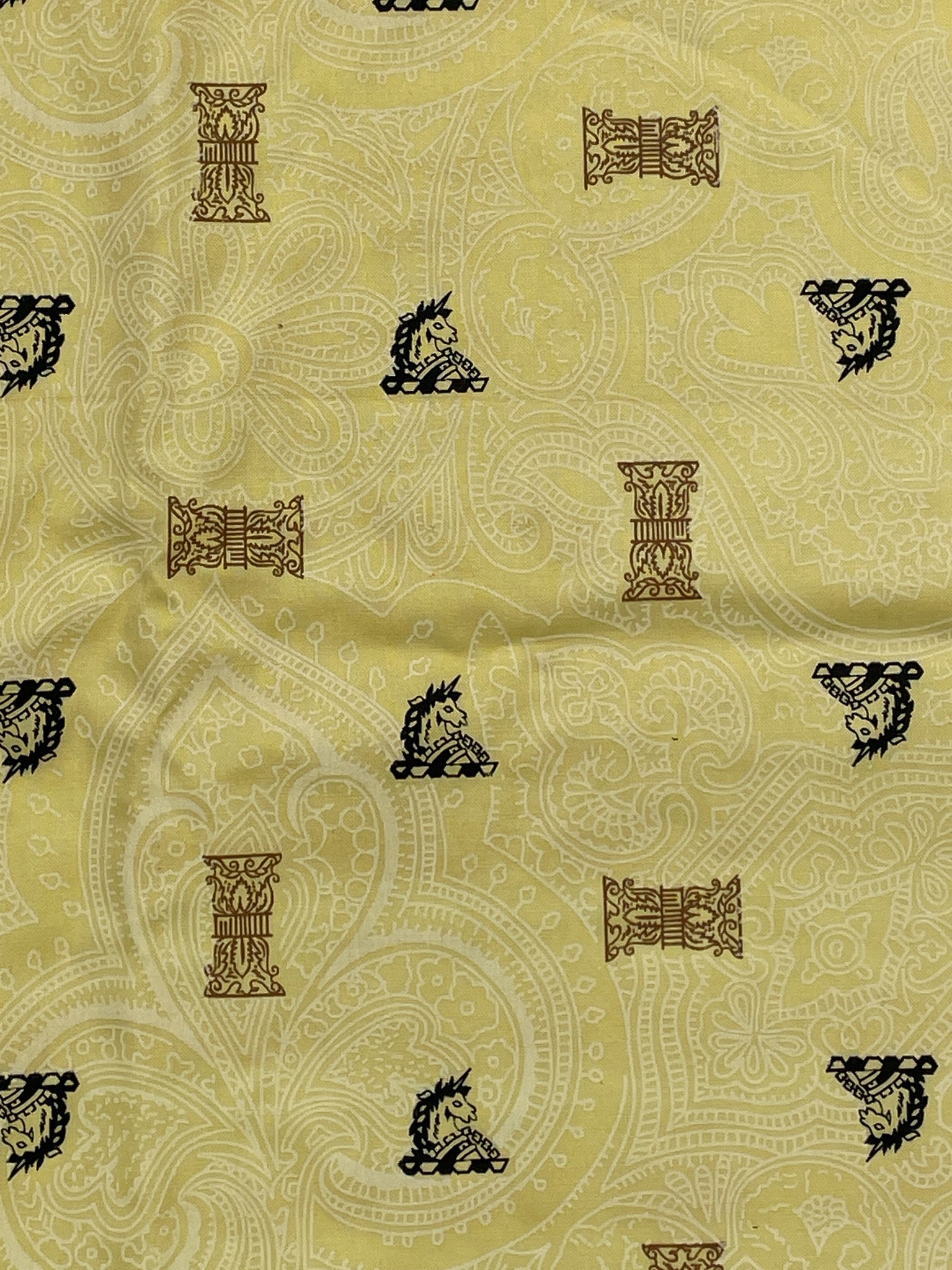 1 3/8 YD Cotton Vintage - Yellow with White Paisley and Unicorns