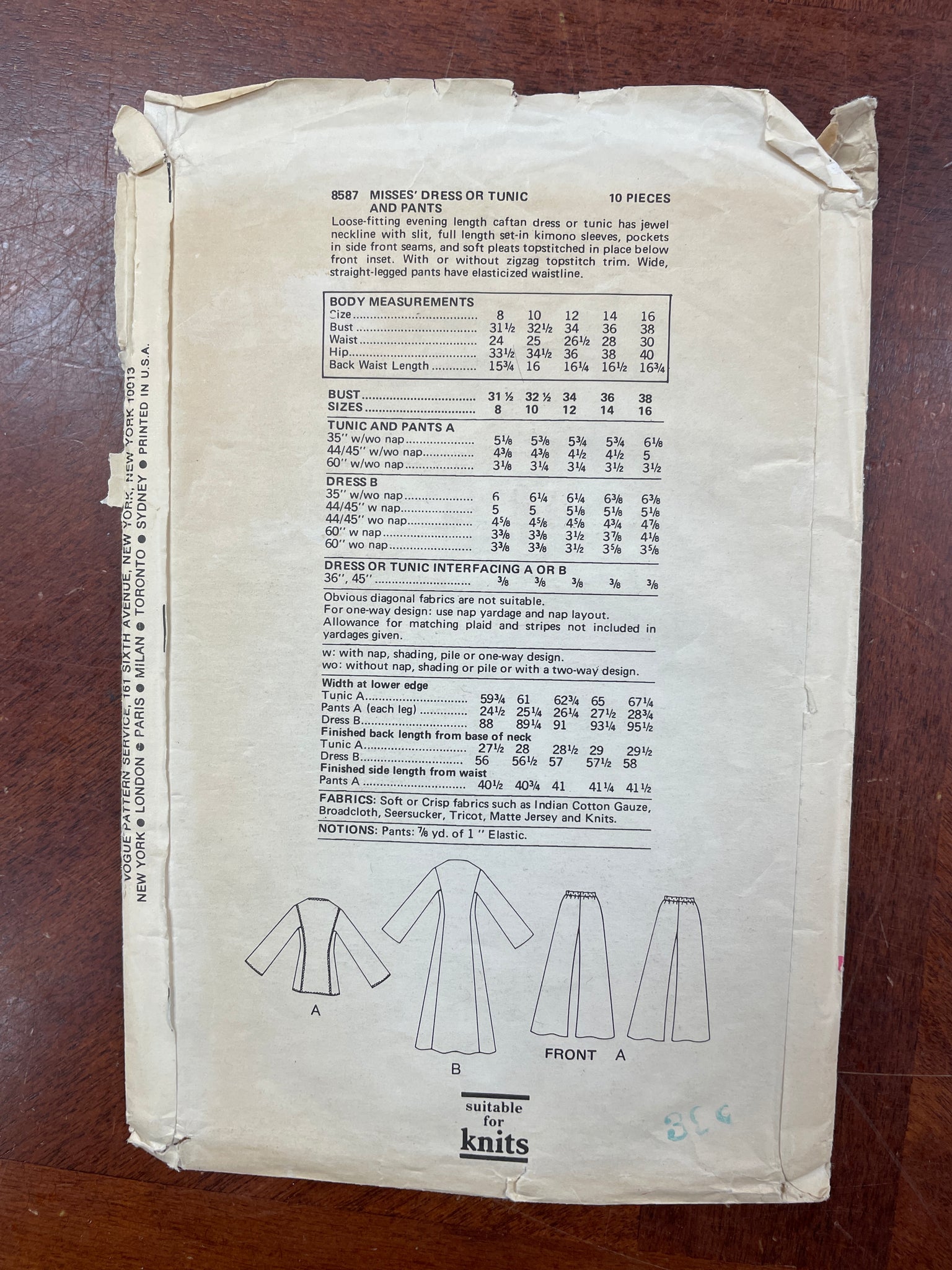 1970's Vogue 8587 Pattern - Dress, Tunic, Pants