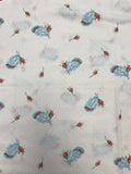 1 3/8 YD Cotton Batiste Vintage - White with White Dots, Turquoise Feathers, and Red Rose Buds