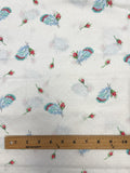 1 3/8 YD Cotton Batiste Vintage - White with White Dots, Turquoise Feathers, and Red Rose Buds