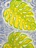 2 1/8 YD Poly/Cotton Hand Block-Printed Vintage - Large Bright Yellow and Green Tropical Leaves and Royal Blue Tribal Designs