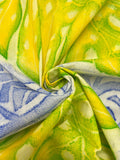 2 1/8 YD Poly/Cotton Hand Block-Printed Vintage - Large Bright Yellow and Green Tropical Leaves and Royal Blue Tribal Designs