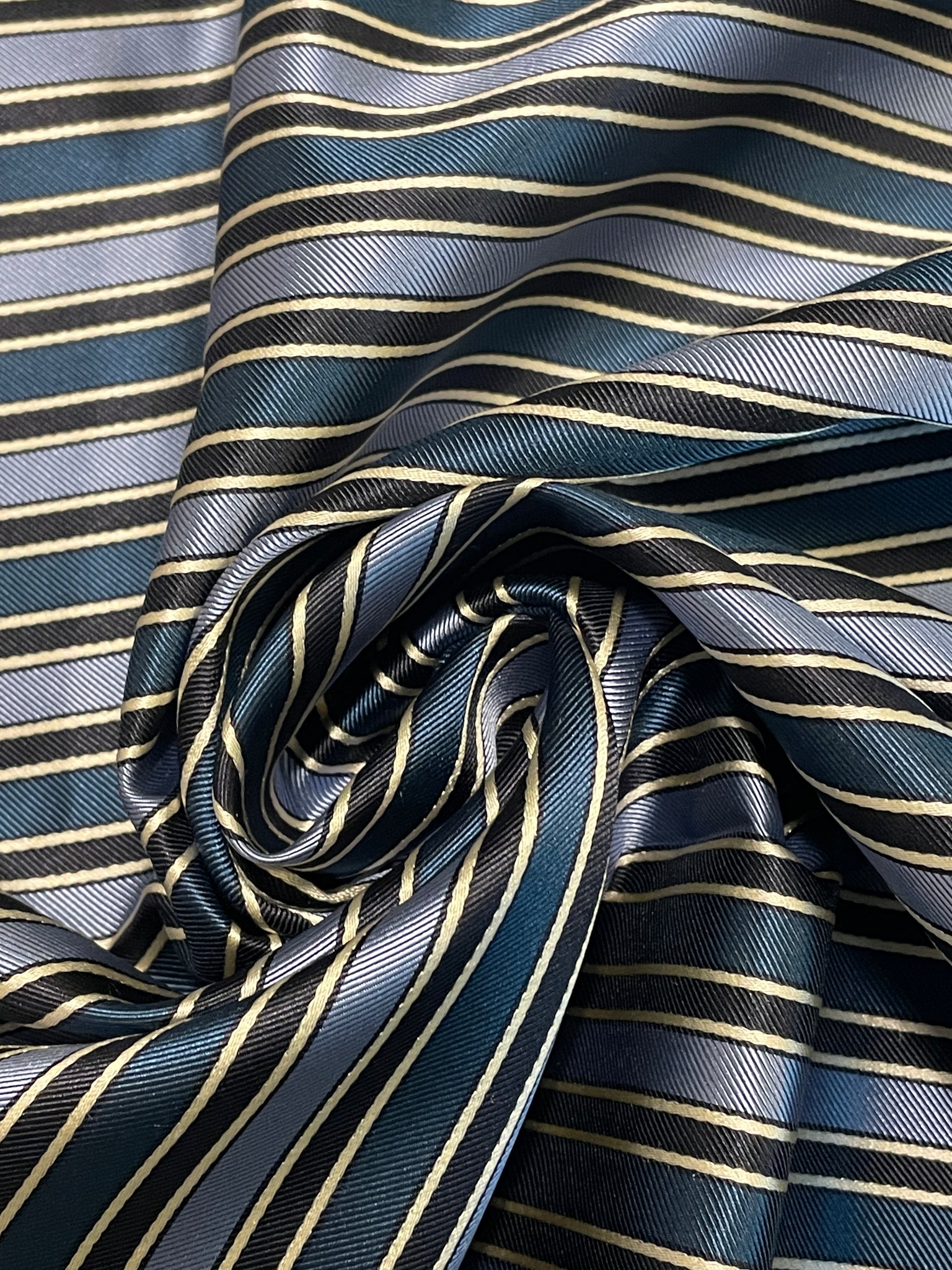 YD Tie Silk Yarn-Dyed Stripes - Dark Teal Blue with Light Blue, Black and White