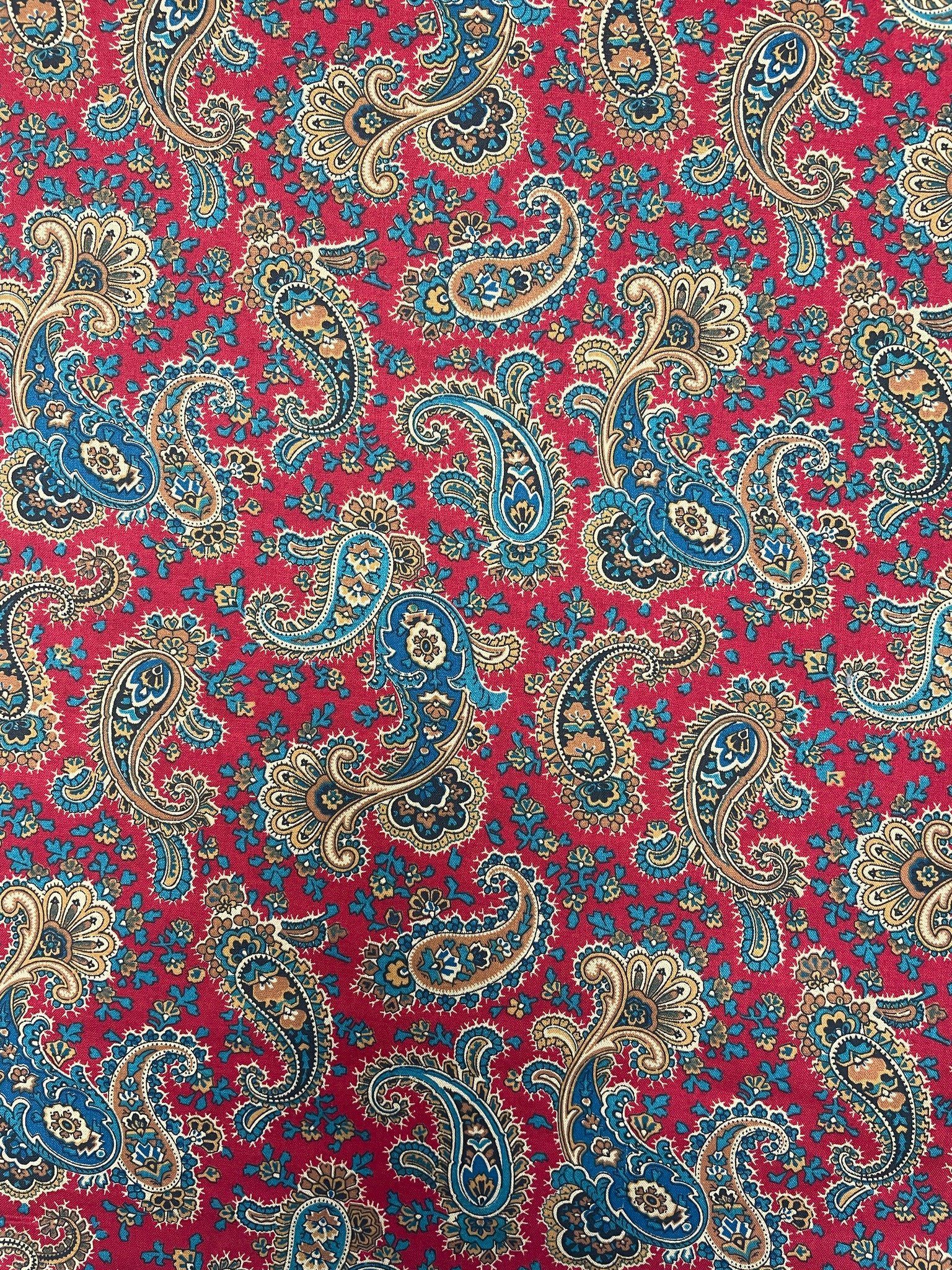 2 1/4 YD Cotton - Teal and Tan Paisley on Dark Red Background