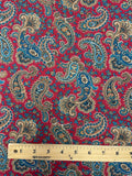 2 1/4 YD Cotton - Teal and Tan Paisley on Dark Red Background