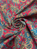 2 1/4 YD Cotton - Teal and Tan Paisley on Dark Red Background