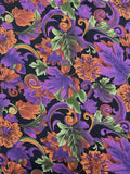 1 1/2 YD Rayon - Leaves, Flowers, and Filigree in Purple, Orange, and Green on Black