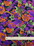 1 1/2 YD Rayon - Leaves, Flowers, and Filigree in Purple, Orange, and Green on Black