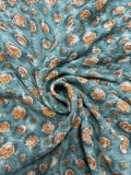 1 YD Rayon Open Weave - Tan Flowers on Mottled Teal Green