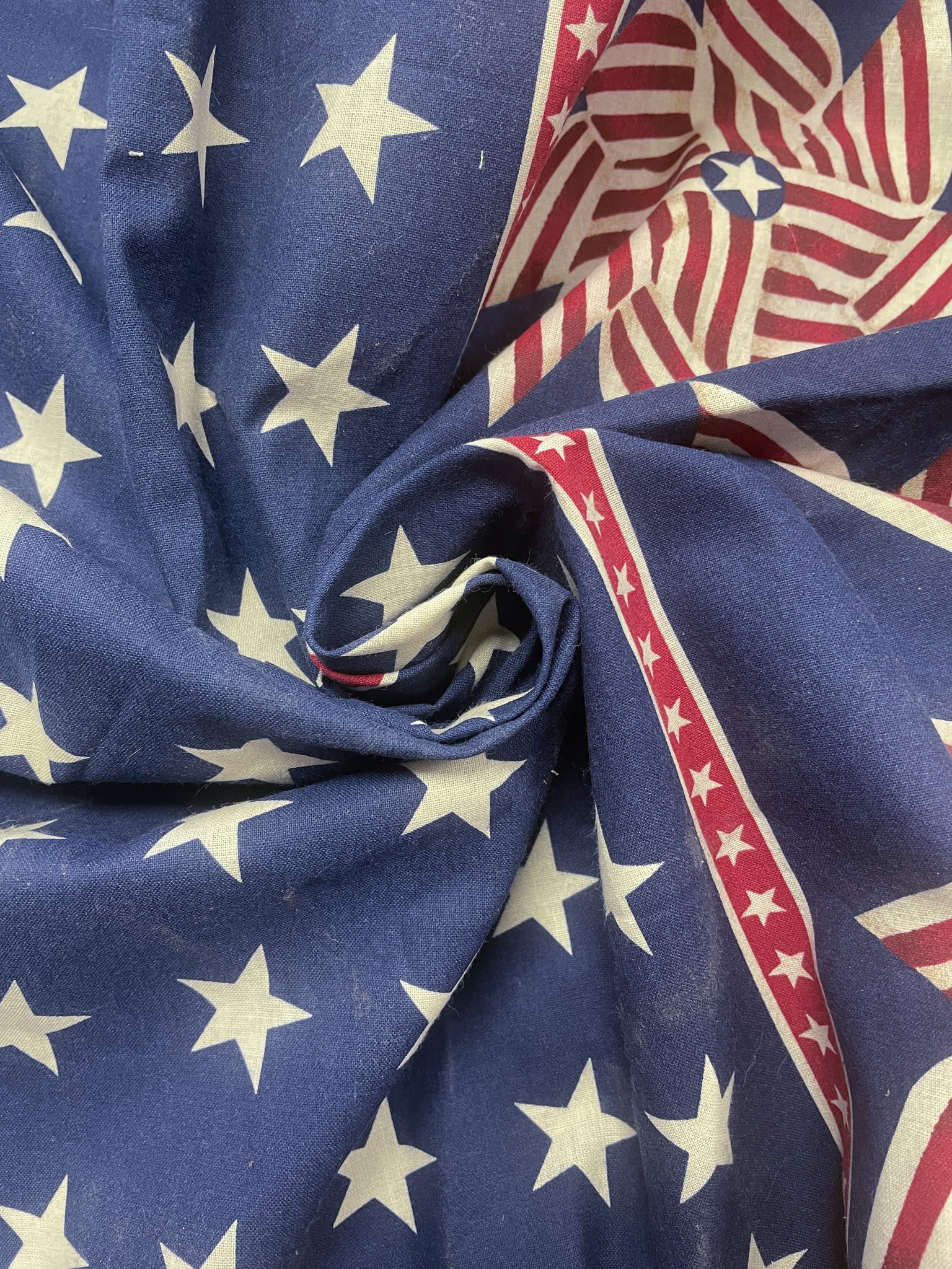 3 3/4 YD Cotton - Navy Blue with White Stars and American Flag Pinwheel Borders