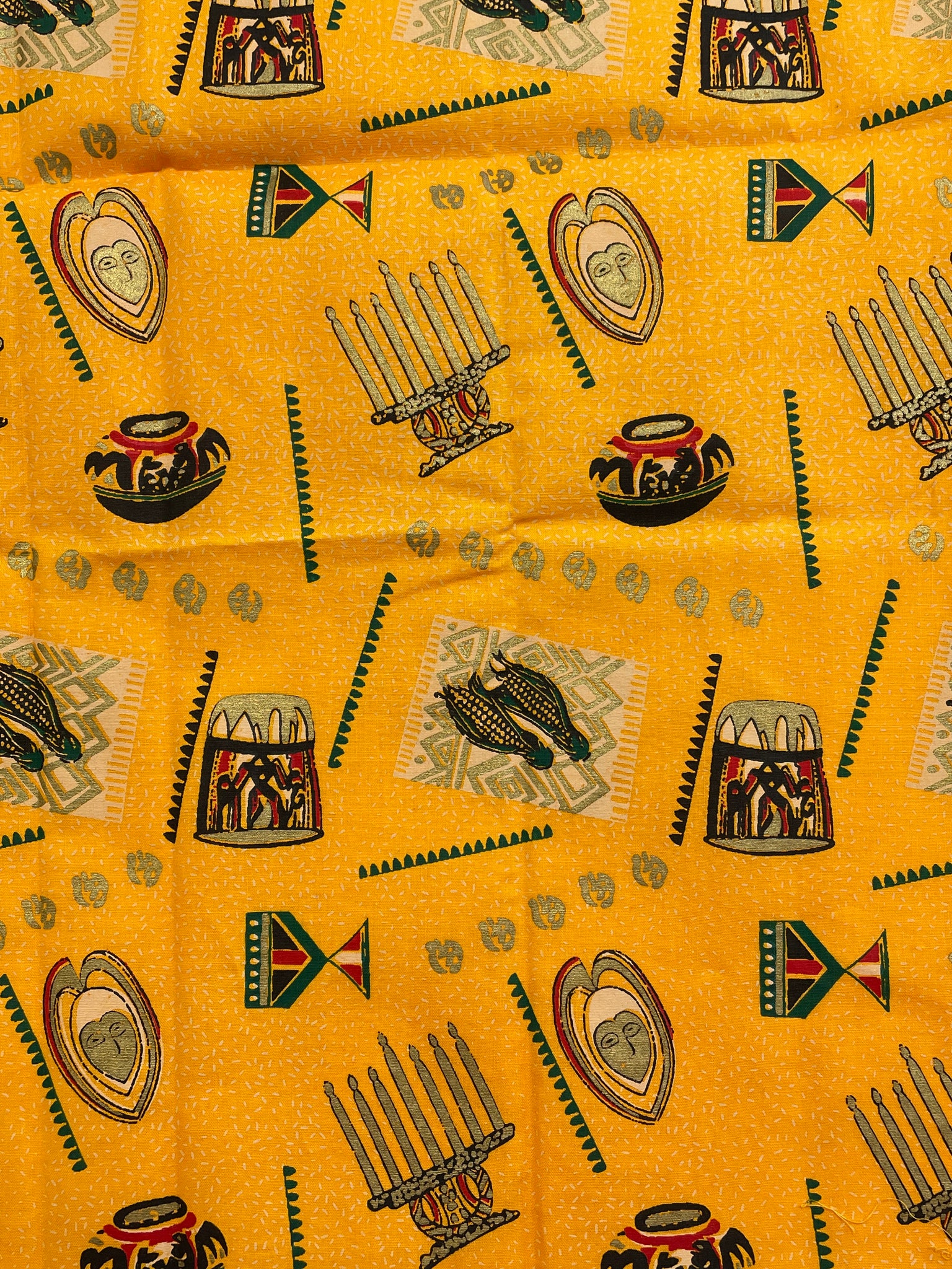 1/2 YD Quilting Cotton - Golden Yellow with African Motifs and Metallic Accents