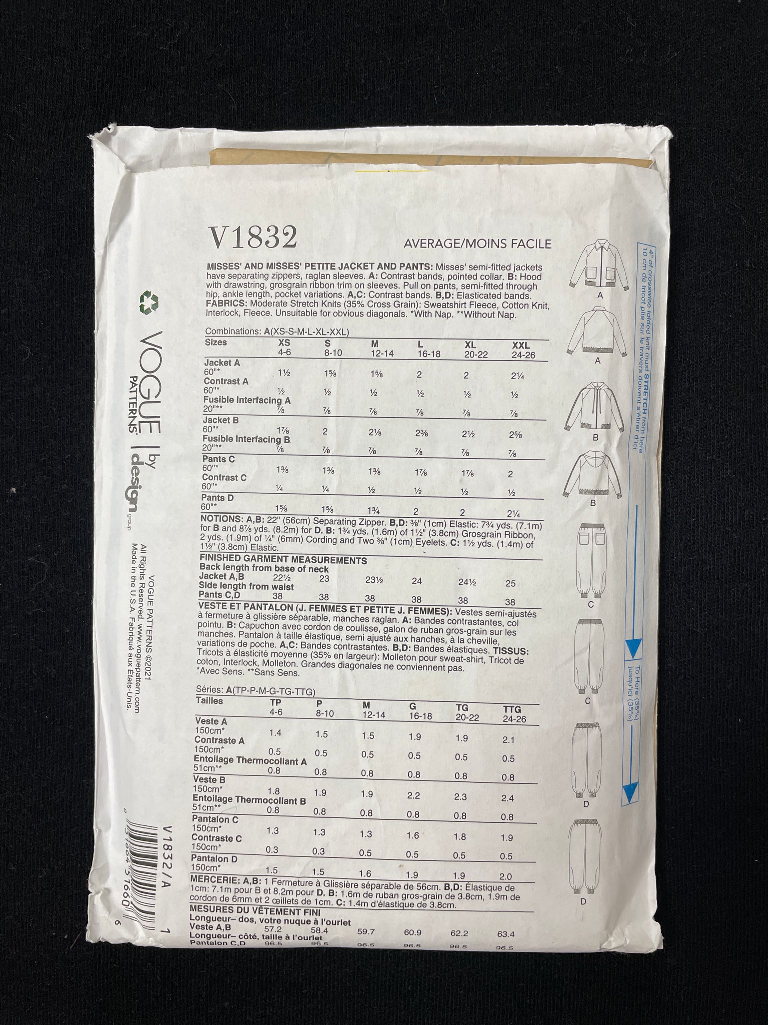 2021 Vogue 1832 Sewing Pattern - Women's Jacket and Pants FACTORY FOLDED