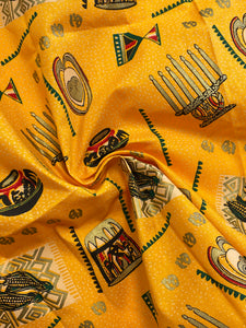 1/2 YD Quilting Cotton - Golden Yellow with African Motifs and Metallic Accents