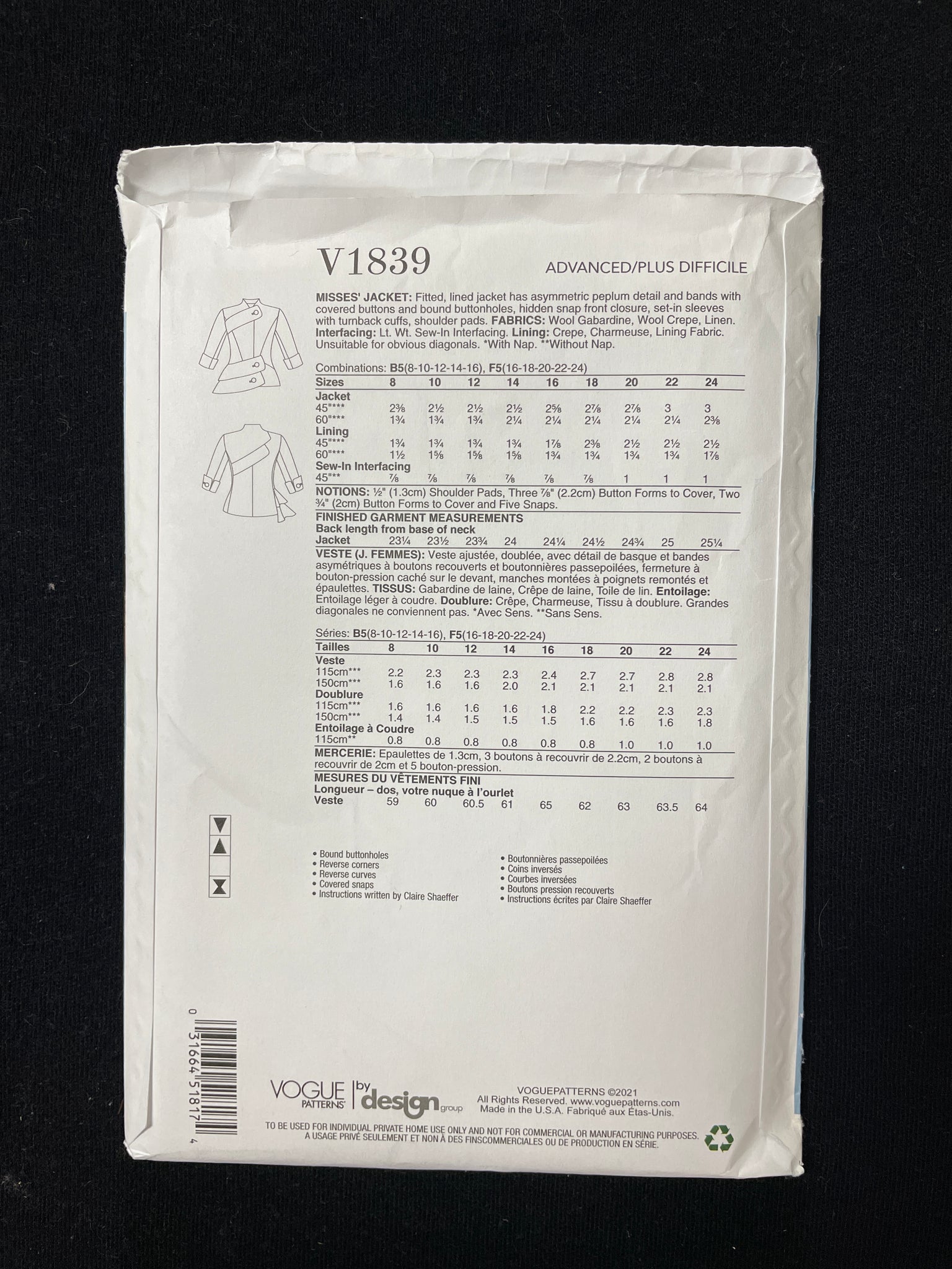 2021 Vogue 1839 Sewing Pattern - Women's Jacket FACTORY FOLDED