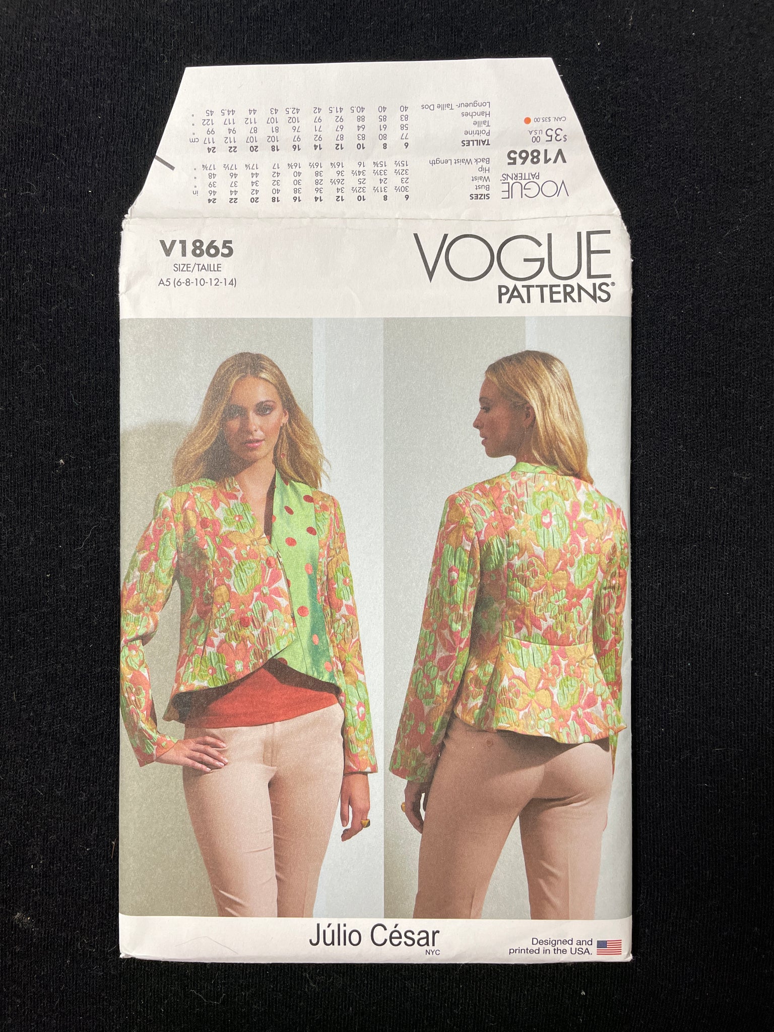 2022 Vogue 1865 Sewing Pattern - Women's Jacket FACTORY FOLDED
