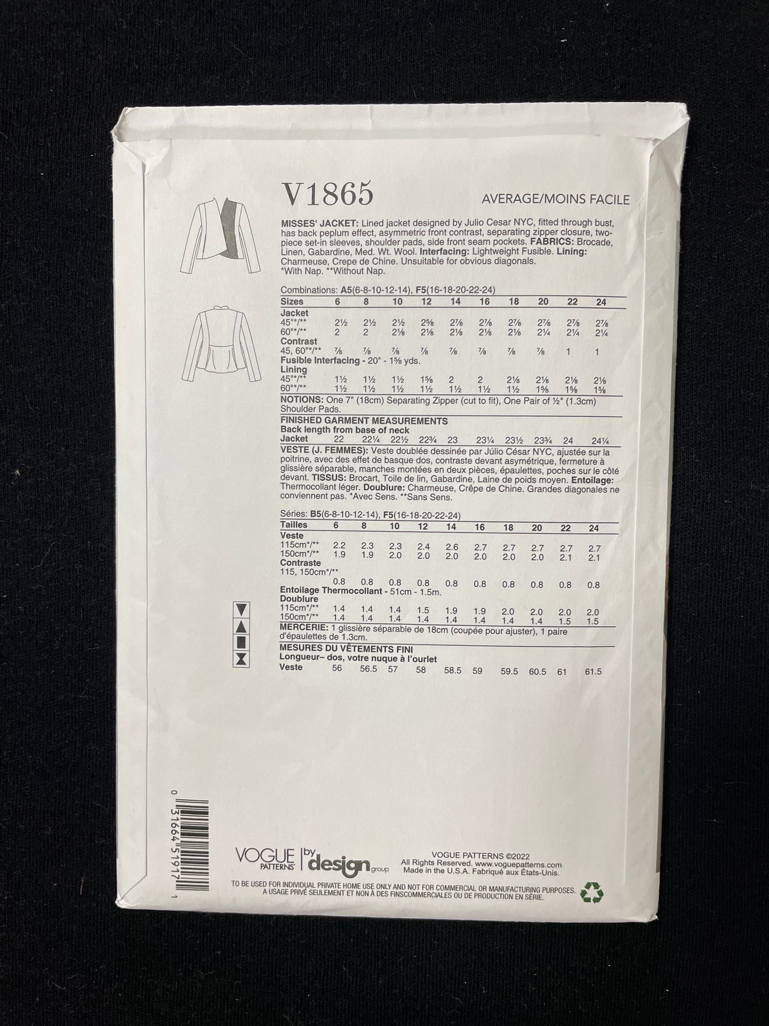 2022 Vogue 1865 Sewing Pattern - Women's Jacket FACTORY FOLDED