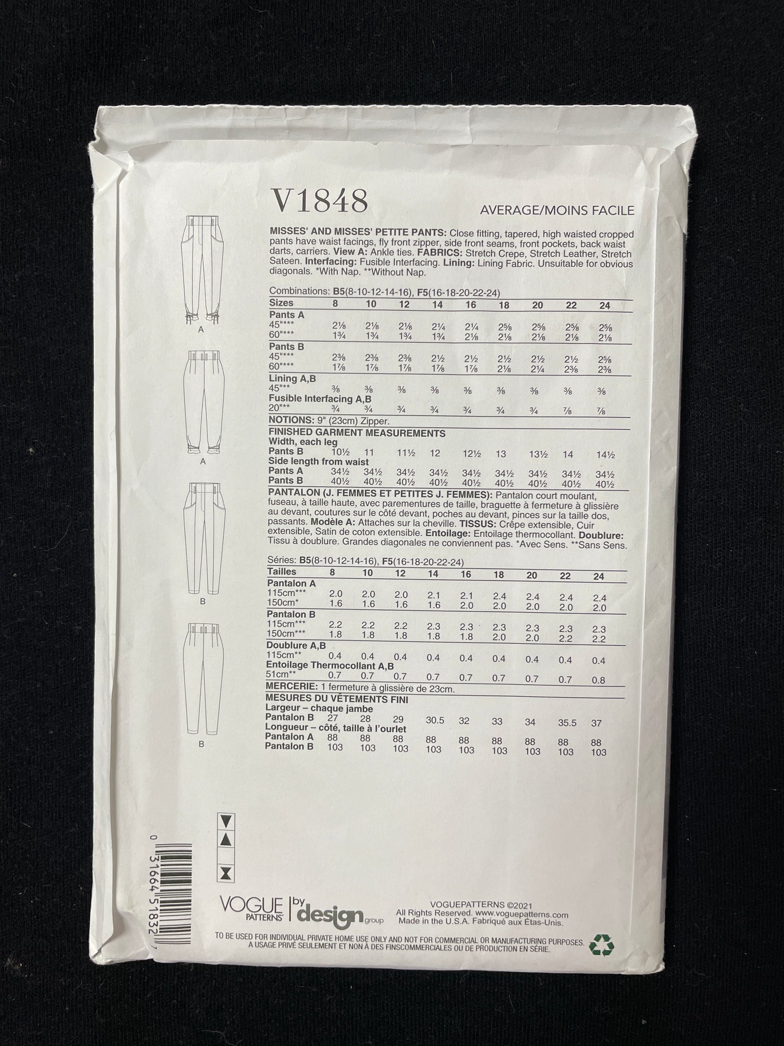 2021 Vogue 1848 Sewing Pattern - Women's Pants FACTORY FOLDED