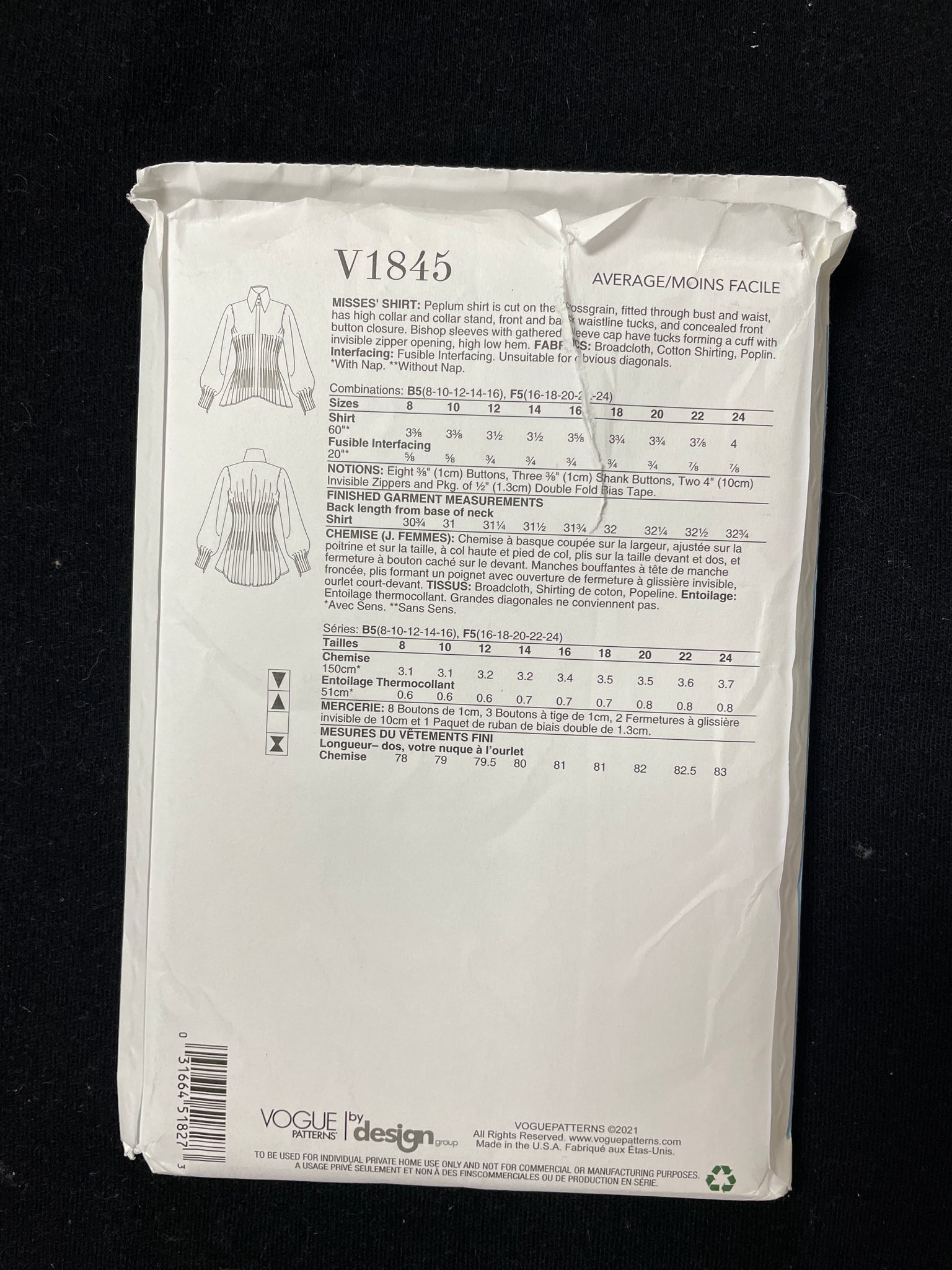 2021 Vogue 1845 Sewing Pattern - Women's Blouse FACTORY FOLDED