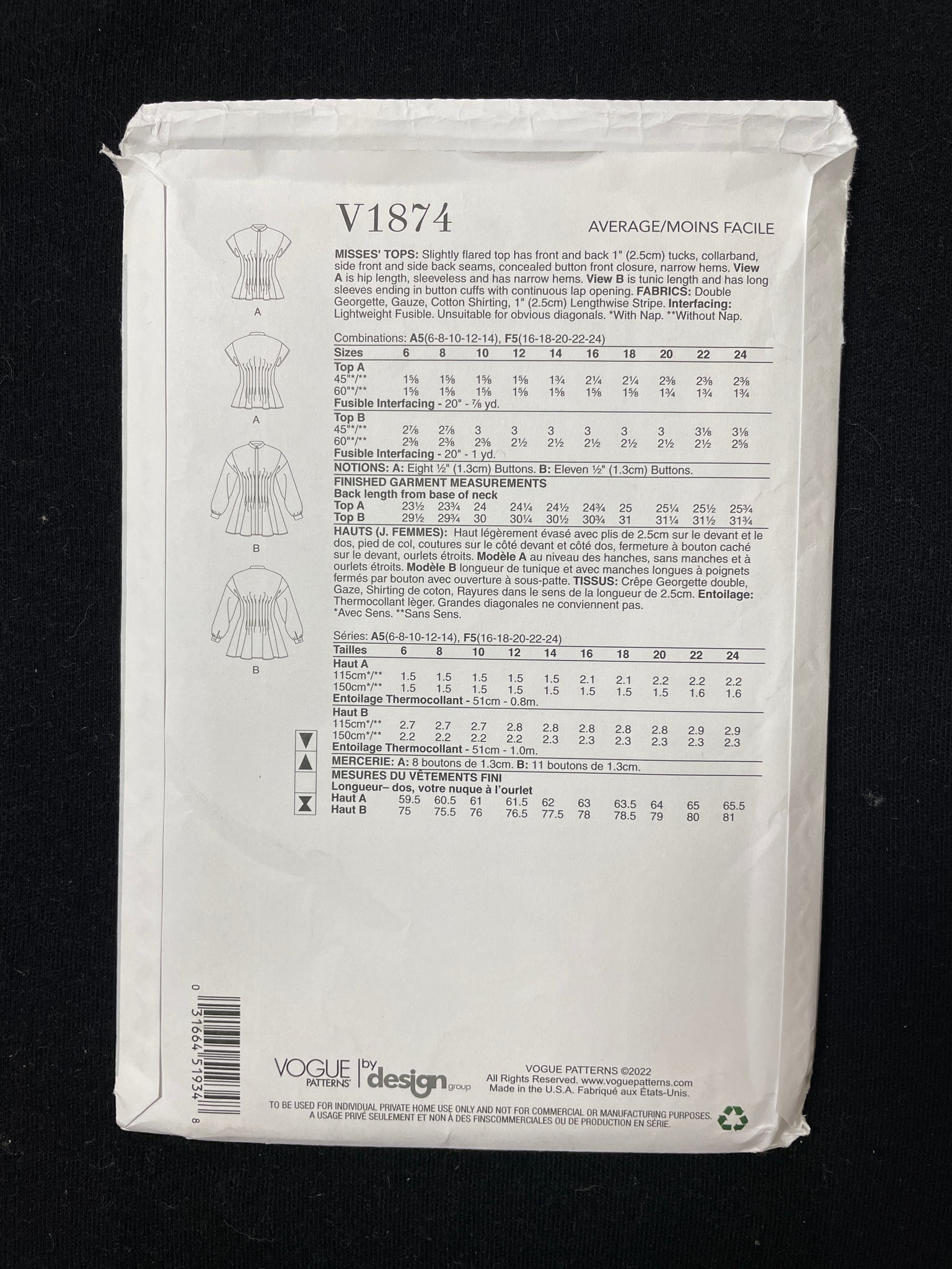 2022 Vogue 1874 Sewing Pattern - Women's Blouse FACTORY FOLDED