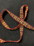 4 YD Cotton Woven Ribbon Vintage - Black with Olive Green and Red