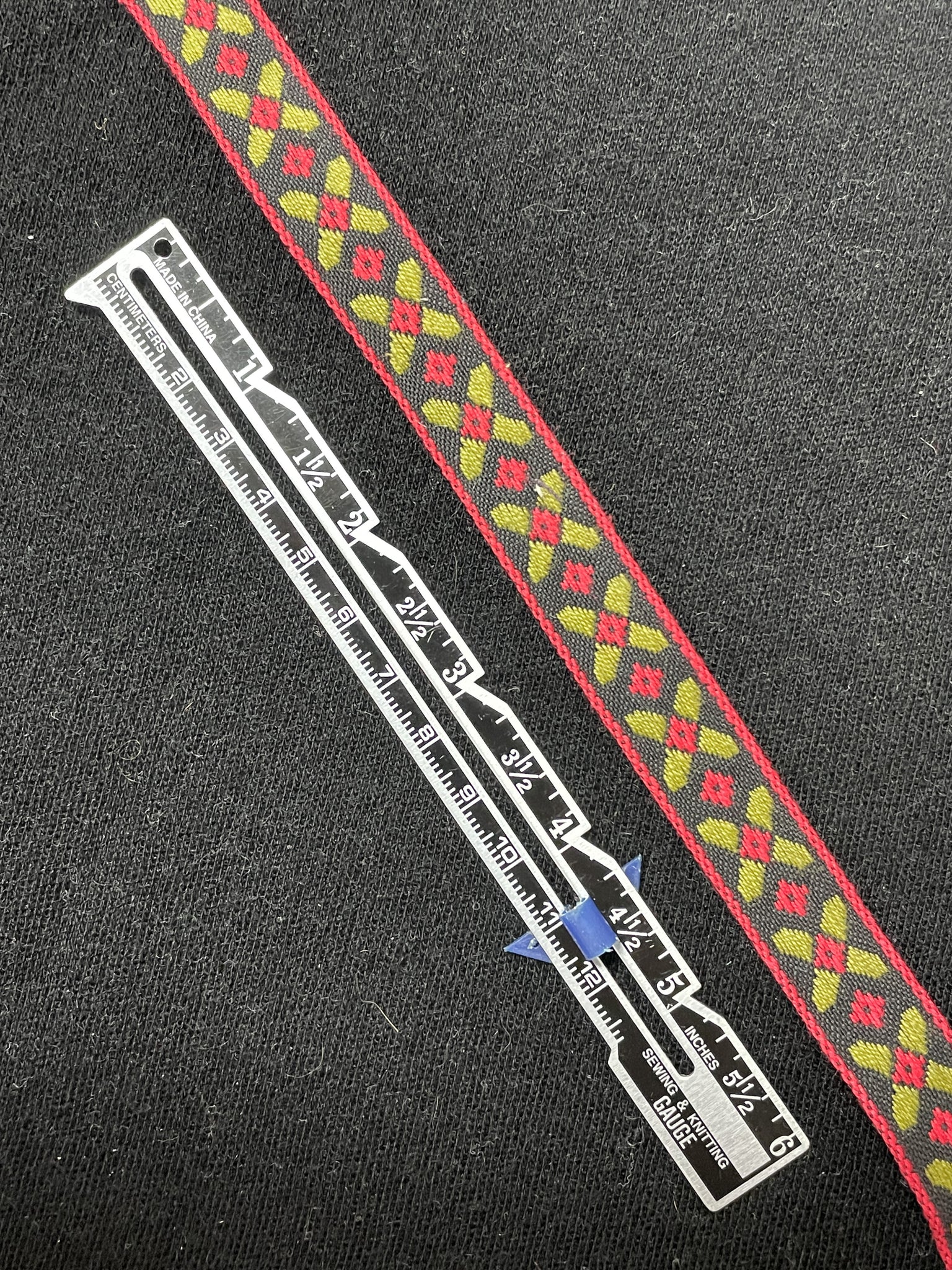 4 YD Cotton Woven Ribbon Vintage - Black with Olive Green and Red