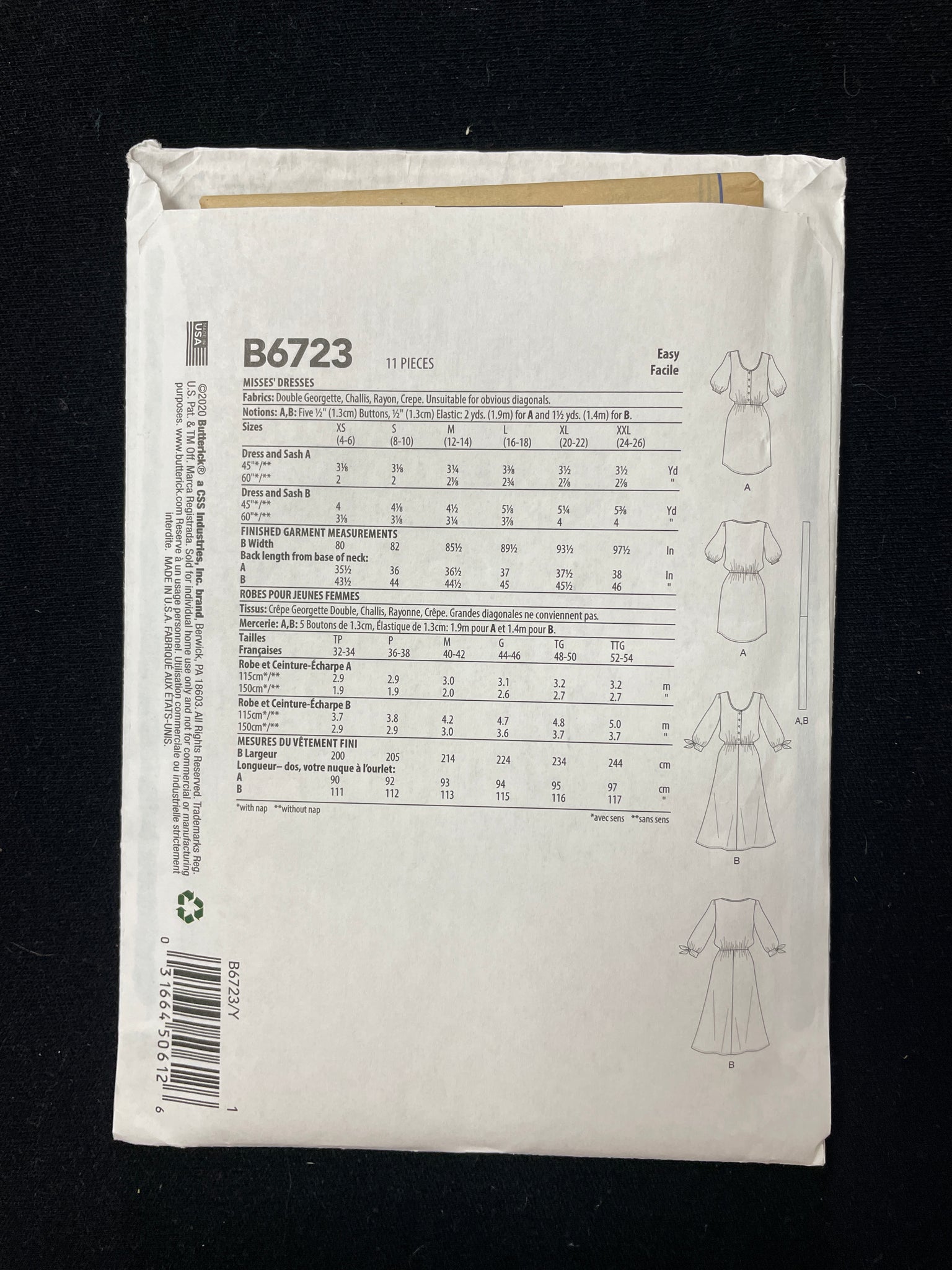 2020 Butterick 6723 Sewing Pattern - Women's Dresses FACTORY FOLDED