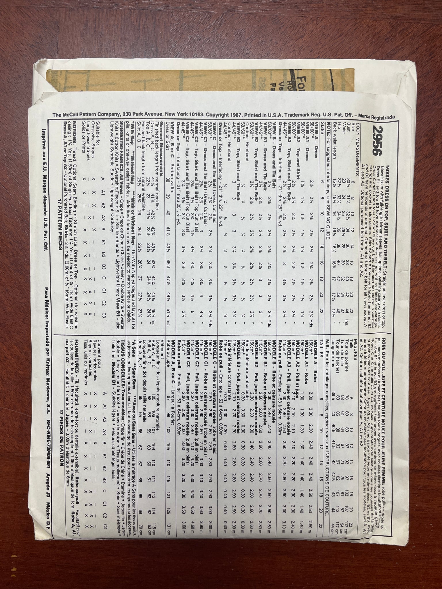1987 McCall's 2956 Pattern - Dress, Top, Skirt, and Belt FACTORY FOLDED