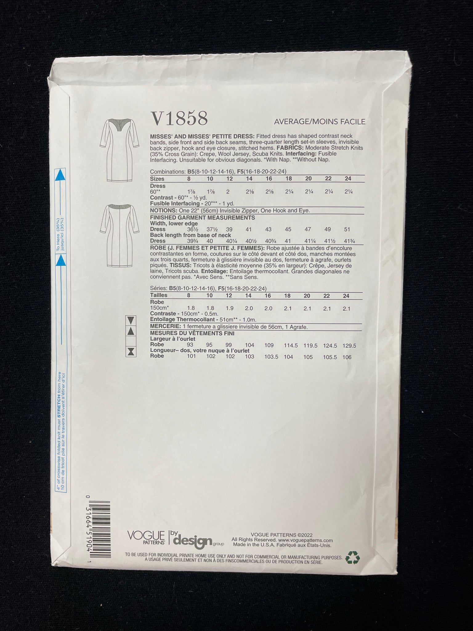 2022 Vogue 1858 Sewing Pattern - Women's Dress FACTORY FOLDED