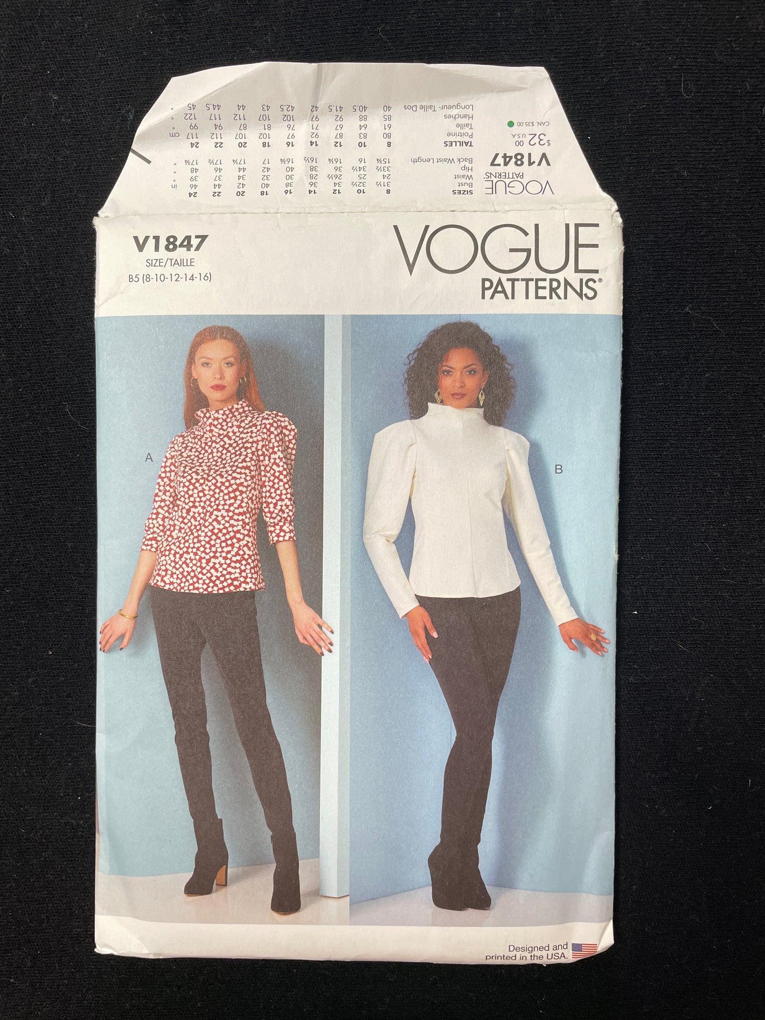 2021 Vogue 1847 Sewing Pattern - Women's Blouses FACTORY FOLDED