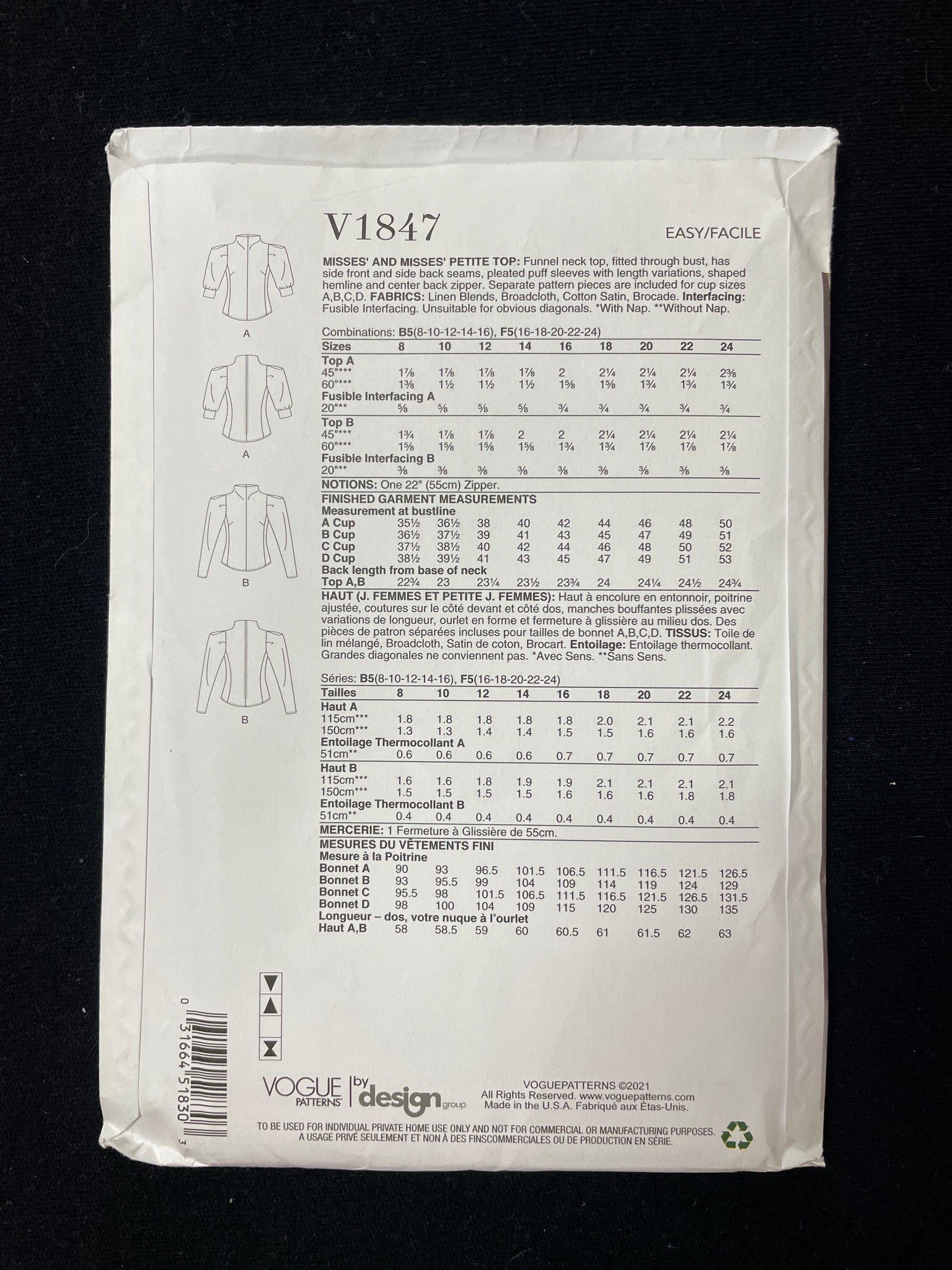 2021 Vogue 1847 Sewing Pattern - Women's Blouses FACTORY FOLDED