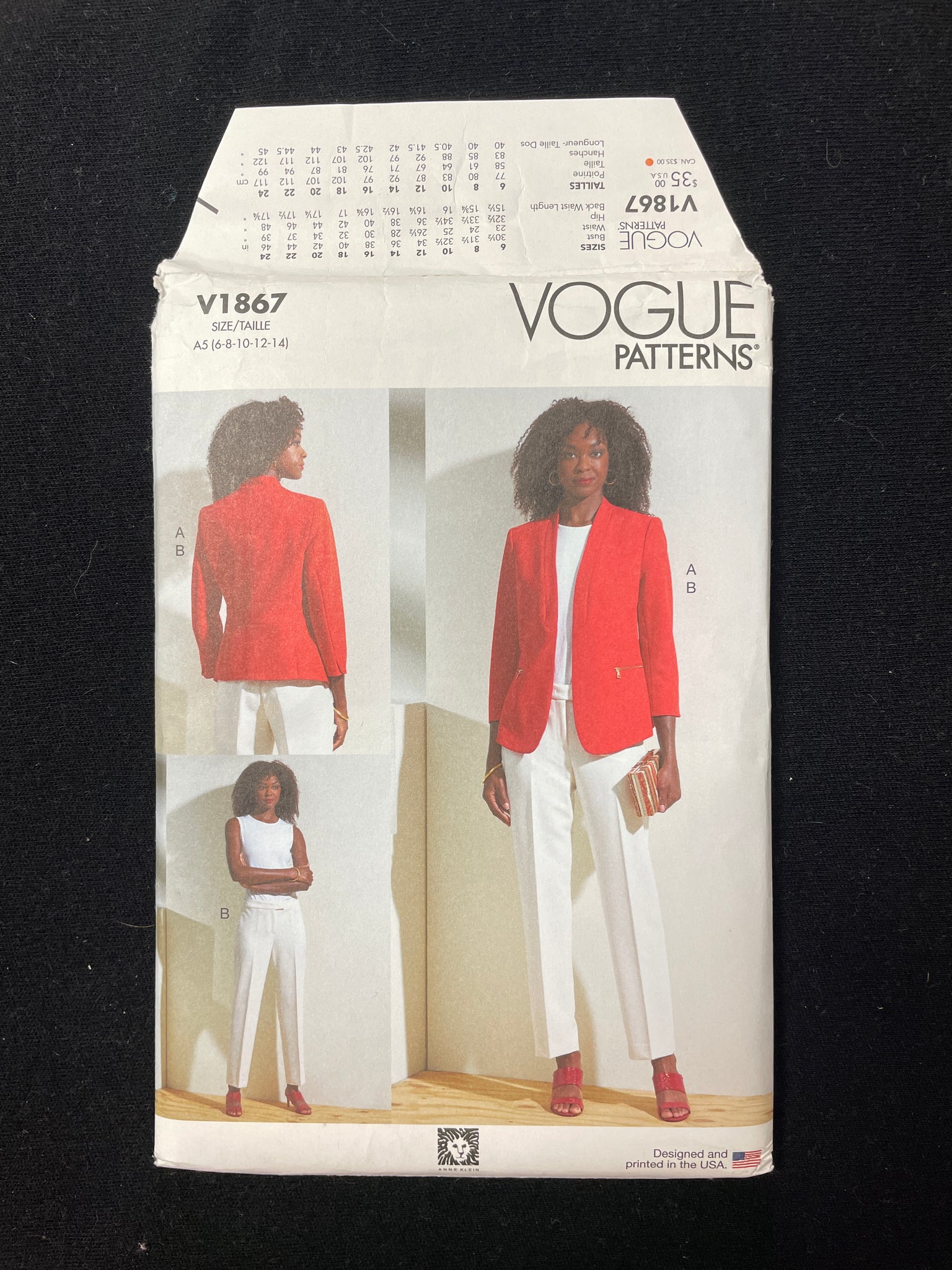 2022 Vogue 1867 Sewing Pattern - Women's Jacket and Pants FACTORY FOLDED